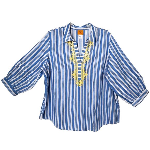 Ruby Rd 2X Plus Boho Striped Embroidered V-Neck Tunic Top Coastal Grandmother - Picture 2 of 9